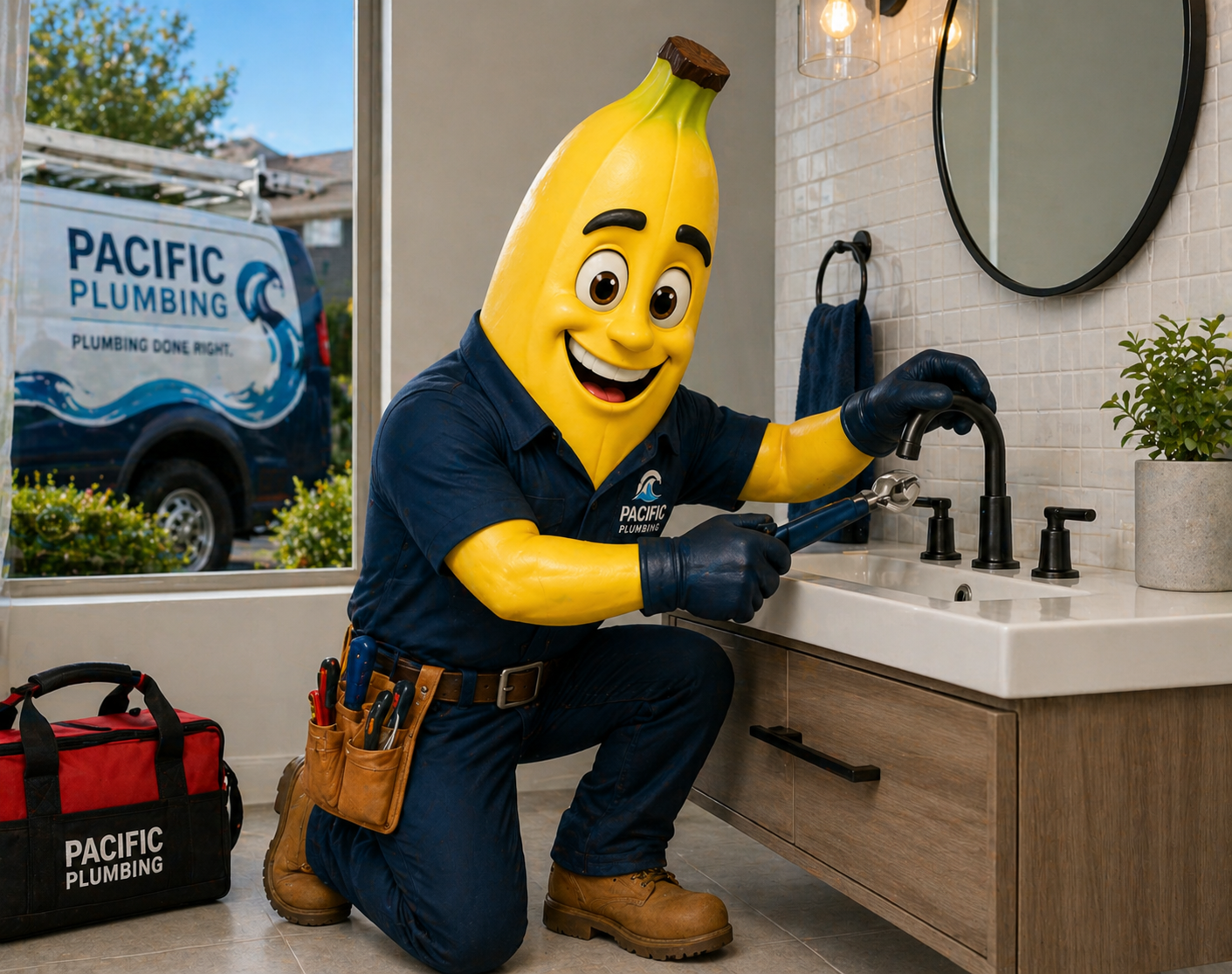Pacific Plumbing mascot installing a bathroom faucet fixture