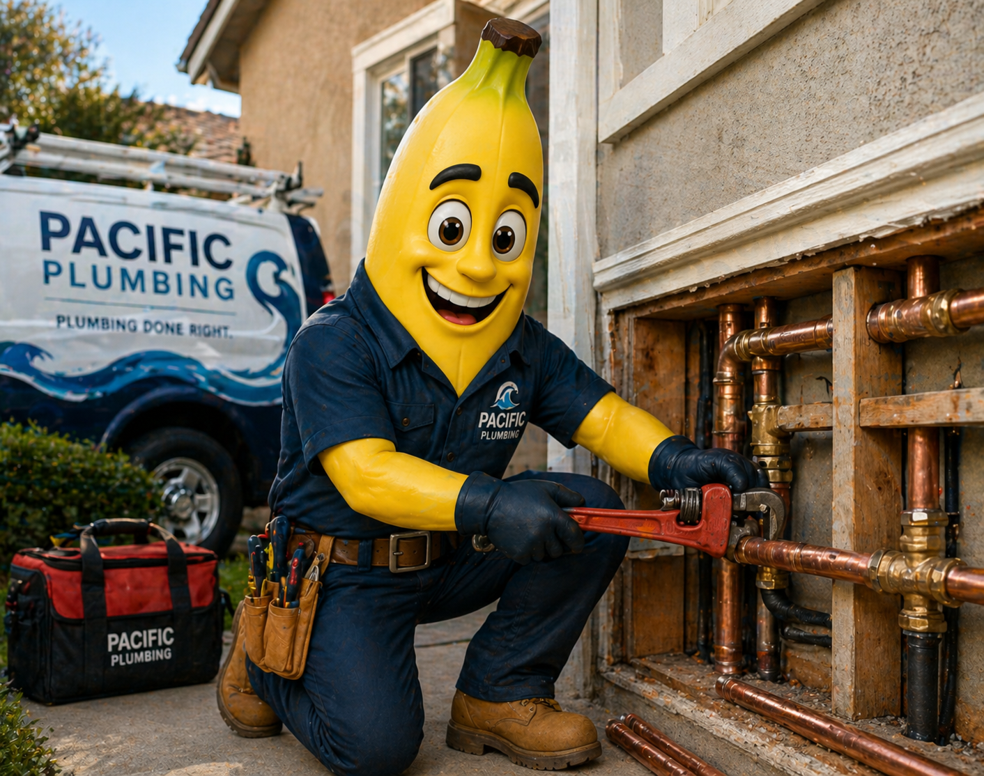 Pacific Plumbing mascot tightening copper re-piping at a home